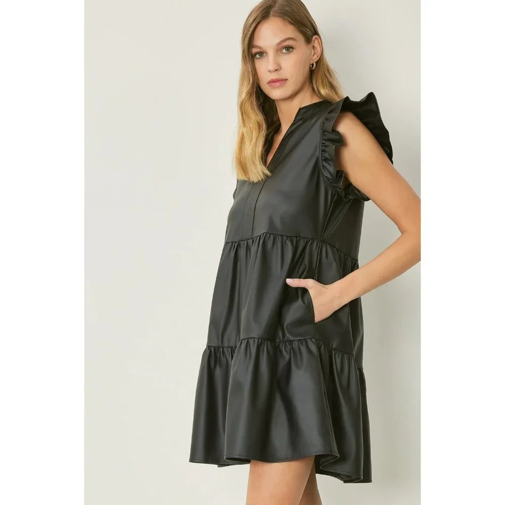Entro Black Faux Leather Tiered Ruffle Sleeve V-neck Mini Dress Size Medium - Picture 2 of 10